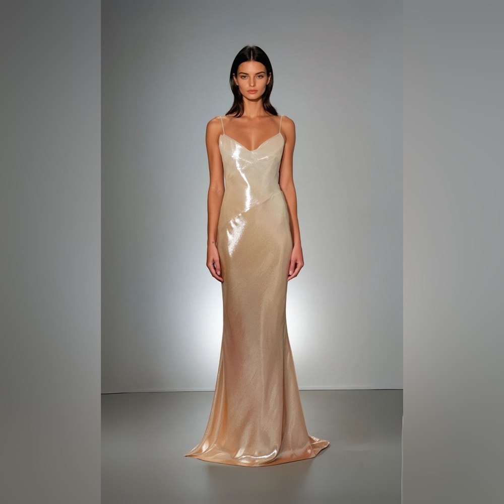 NWT Galia Lahav Lilou Lamé Slip Dress in Gold